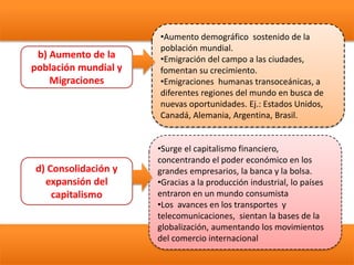 •Aumento demográfico sostenido de la
población mundial.
•Emigración del campo a las ciudades,
fomentan su crecimiento.
•Emigraciones humanas transoceánicas, a
diferentes regiones del mundo en busca de
nuevas oportunidades. Ej.: Estados Unidos,
Canadá, Alemania, Argentina, Brasil.
b) Aumento de la
población mundial y
Migraciones
•Surge el capitalismo financiero,
concentrando el poder económico en los
grandes empresarios, la banca y la bolsa.
•Gracias a la producción industrial, lo países
entraron en un mundo consumista
•Los avances en los transportes y
telecomunicaciones, sientan la bases de la
globalización, aumentando los movimientos
del comercio internacional
d) Consolidación y
expansión del
capitalismo
 