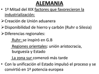 1840 Casi el monopolio del cinc europeo con minas fuera del paísFRANCIAMayor intensidad a partir de 1830No alcanzó los niveles de G.B por:La importancia de la propiedad agraria dificultó la industrialización del campo