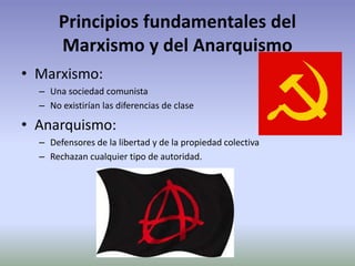 Principios fundamentales del
Marxismo y del Anarquismo
• Marxismo:
– Una sociedad comunista
– No existirían las diferencias de clase
• Anarquismo:
– Defensores de la libertad y de la propiedad colectiva
– Rechazan cualquier tipo de autoridad.
 