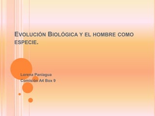 EVOLUCIÓN BIOLÓGICA Y EL HOMBRE COMO
ESPECIE.
Lorena Paniagua
Comisión A4 Box 9
 
