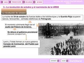 La noche del  24 de octubre  las fuerzas leales a los bolcheviques y la  Guardia Roja  ocuparon bancos, ferrocarriles , centrales telefónicas de  Petrogrado El momento culminante llegó con el  asalto del Palacio de Invierno,  La revolución de octubre  3.- La revolución de octubre y el nacimiento de la URSS Se detuvo al gobierno provisional (Kerenski consiguió huir) ‏ Lenin y Trotski forman un nuevo gobierno Consejo de Comisarios  del Pueblo que preside Lenin 