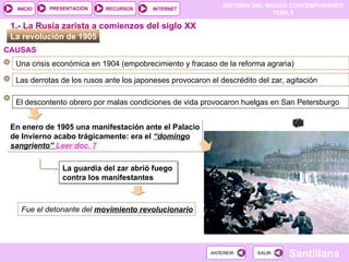 La revolución de 1905  Una crisis económica en 1904 (empobrecimiento y fracaso de la reforma agraria)  El descontento obrero por malas condiciones de vida provocaron huelgas en San Petersburgo En enero de 1905 una manifestación ante el Palacio de Invierno acabo trágicamente: era el  “domingo sangriento”  Leer doc. 7 1.- La Rusia zarista a comienzos del siglo XX La guardia del zar abrió fuego contra los manifestantes Fue el detonante del  movimiento revolucionario   CAUSAS  Las derrotas de los rusos ante los japoneses provocaron el descrédito del zar, agitación  