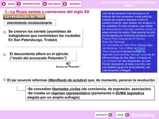 La revolución de 1905  Escena del “Potemkin” 1.- La Rusia zarista a comienzos del siglo XX Se crearon los sóviets ( asambleas de trabajadores que controlaban las ciudades . En San Petersburgo, Trotski) El descontento afloró en el ejército  (“motín del acorazado Potemkin”) ‏ El zar anunció reformas ( Manifiesto de octubre ) que, de momento, pararon la revolución   ‏ -Se concedían  libertades civiles  (de conciencia, de expresión, asociación)  -Se creaba un  régimen representativo  (parlamento o  DUMA legislativa  elegida por un amplio sufragio)  movimiento revolucionario   Una de las escenas más famosas en la historia del cine pertenece a esta película, cuando los cosacos disparan contra el pueblo inocente 1  para acabar con el apoyo a los rebeldes. En ese momento, una madre  es alcanzada por una bala mientras corría con un coche de bebé que rodará escaleras  abajo al morir la madre. Esta escena ha sido homenajeada por directores famosos, como  Francis Ford Coppola  en  El Padrino ,  Brian De Palma  en  Los intocables de Elliot Ness ,  Woody Allen  en  Bananas ,  Terry Gilliam  en  Brazil ,  Peter Segal  en la tercera entrega de  Agárralo como puedas ,  George Lucas  en su última entrega de  Star Wars   e incluso en  Los Simpson  en dos situaciones, en una Homer rescatando al bebe y en otra, con una estética igual a la de la película, con Lisa lanzando a Maggie. 