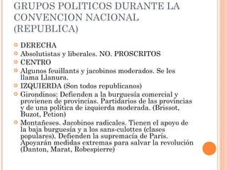 GRUPOS POLITICOS DURANTE LA CONVENCION NACIONAL (REPUBLICA) DERECHA  Absolutistas y liberales. NO. PROSCRITOS CENTRO Algunos feuillants y jacobinos moderados. Se les llama Llanura.  IZQUIERDA (Son todos republicanos) Girondinos: Defienden a la burguesía comercial y provienen de provincias. Partidarios de las provincias y de una política de izquierda moderada. (Brissot, Buzot, Petion) Montañeses. Jacobinos radicales. Tienen el apoyo de la baja burguesía y a los sans-culottes (clases populares). Defienden la supremacía de París. Apoyarán medidas extremas para salvar la revolución (Danton, Marat, Robespierre) 
