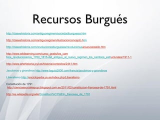 Recursos Burgués
http://claseshistoria.com/antiguoregimen/sociedadburguesia.htm
http://claseshistoria.com/antiguoregimen/ilustracionconcepto.htm
http://claseshistoria.com/revolucionesburguesas/revolucionusanuevoestado.htm
http://www.wikilearning.com/curso_gratis/los_cam
bios_revolucionarios_1760_1815-del_antiguo_al_nuevo_regimen_los_cambios_estructurales/1911-1
http://www.artehistoria.jcyl.es/historia/contextos/2441.htm
Jacobinos y girondinos http://www.laguia2000.com/francia/jacobinos-y-girondinos
Liberalismo http://enciclopedia.us.es/index.php/Liberalismo
Constitución de 1791
http://cienciassocialespcpi.blogspot.com.es/2011/02/constitucion-francesa-de-1791.html
http://es.wikipedia.org/wiki/Constituci%C3%B3n_francesa_de_1791

 