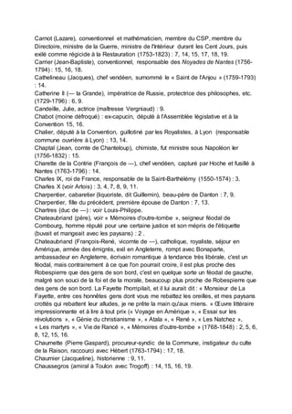 Carnot (Lazare), conventionnel et mathématicien, membre du CSP, membre du
Directoire, ministre de la Guerre, ministre de l'Intérieur durant les Cent Jours, puis
exilé comme régicide à la Restauration (1753-1823) : 7, 14, 15, 17, 18, 19.
Carrier (Jean-Baptiste), conventionnel, responsable des Noyades de Nantes (1756-
1794) : 15, 16, 18.
Cathelineau (Jacques), chef vendéen, surnommé le « Saint de l'Anjou » (1759-1793)
: 14.
Catherine II (— la Grande), impératrice de Russie, protectrice des philosophes, etc.
(1729-1796) : 6, 9.
Candeille, Julie, actrice (maîtresse Vergniaud) : 9.
Chabot (moine défroqué) : ex-capucin, député à l'Assemblée législative et à la
Convention 15, 16.
Chalier, député à la Convention, guillotiné par les Royalistes, à Lyon (responsable
commune ouvrière à Lyon) : 13, 14.
Chaptal (Jean, comte de Chanteloup), chimiste, fut ministre sous Napoléon Ier
(1756-1832) : 15.
Charette de la Contrie (François de —), chef vendéen, capturé par Hoche et fusillé à
Nantes (1763-1796) : 14.
Charles IX, roi de France, responsable de la Saint-Barthélémy (1550-1574) : 3.
Charles X (voir Artois) : 3, 4, 7, 8, 9, 11.
Charpentier, cabaretier (liquoriste, dit Guillemin), beau-père de Danton : 7, 9.
Charpentier, fille du précédent, première épouse de Danton : 7, 13.
Chartres (duc de —) : voir Louis-Philippe.
Chateaubriand (père), voir « Mémoires d'outre-tombe », seigneur féodal de
Combourg, homme réputé pour une certaine justice et son mépris de l'étiquette
(buvait et mangeait avec les paysans) : 2 .
Chateaubriand (François-René, vicomte de —), catholique, royaliste, séjour en
Amérique, armée des émigrés, exil en Angleterre, rompt avec Bonaparte,
ambassadeur en Angleterre, écrivain romantique à tendance très libérale, c'est un
féodal, mais contrairement à ce que l'on pourrait croire, il est plus proche des
Robespierre que des gens de son bord, c'est en quelque sorte un féodal de gauche,
malgré son souci de la foi et de la morale, beaucoup plus proche de Robespierre que
des gens de son bord. La Fayette l'horripilait, et il lui aurait dit : « Monsieur de La
Fayette, entre ces honnêtes gens dont vous me rebattez les oreilles, et mes paysans
crottés qui rebattent leur alludes, je ne prête la main qu'aux miens. » Œuvre littéraire
impressionnante et à lire à tout prix (« Voyage en Amérique », « Essai sur les
révolutions », « Génie du christianisme », « Atala », « René », « Les Natchez »,
« Les martyrs », « Vie de Rancé », « Mémoires d'outre-tombe » (1768-1848) : 2, 5, 6,
8, 12, 15, 16.
Chaumette (Pierre Gaspard), procureur-syndic de la Commune, instigateur du culte
de la Raison, raccourci avec Hébert (1763-1794) : 17, 18.
Chaumier (Jacqueline), historienne : 9, 11.
Chaussegros (amiral à Toulon avec Trogoff) : 14, 15, 16, 19.
 