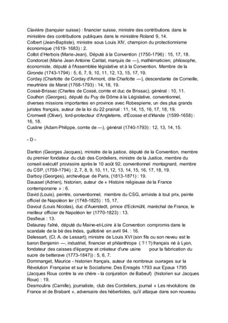 Clavière (banquier suisse) : financier suisse, ministre des contributions dans le
ministère des contributions publiques dans le ministère Roland 9, 14.
Colbert (Jean-Baptiste), ministre sous Louis XIV, champion du protectionnisme
économique (1619- 1683) : 2.
Collot d’Herbois (Marie-Jean), Député à la Convention (1750-1796) : 15, 17, 18.
Condorcet (Marie Jean Antoine Caritat, marquis de —), mathématicien, philosophe,
économiste, député à l'Assemblée législative et à la Convention. Membre de la
Gironde (1743-1794) : 5, 6, 7, 9, 10, 11, 12, 13, 15, 17, 19.
Corday (Charlotte de Corday d'Armont, dite Charlotte —), descendante de Corneille,
meurtrière de Marat (1768-1793) : 14, 18, 19.
Cossé-Brissac (Charles de Cossé, comte et duc de Brissac), général : 10, 11.
Couthon (Georges), député du Puy de Dôme à la Législative, conventionnel,
diverses missions importantes en province avec Robespierre, un des plus grands
juristes français, auteur de la loi du 22 prairial : 11, 14, 15, 16, 17, 18, 19.
Cromwell (Oliver), lord-protecteur d'Angleterre, d'Écosse et d'Irlande (1599-1658) :
16, 18.
Custine (Adam Philippe, comte de —), général (1740-1793) : 12, 13, 14, 15.
- D -
Danton (Georges Jacques), ministre de la justice, député de la Convention, membre
du premier fondateur du club des Cordeliers, ministre de la Justice, membre du
conseil exécutif provisoire après le 10 août 92, conventionnel montagnard, membre
du CSP, (1759-1794) : 2, 7, 8, 9, 10, 11, 12, 13, 14, 15, 16, 17, 18, 19.
Darboy (Georges), archevêque de Paris, (1813-1871) : 19.
Dausset (Adrien), historien, auteur de « Histoire religieuse de la France
contemporaine » : 6.
David (Louis), peintre, conventionnel, membre du CSG, arriviste à tout prix, peinte
officiel de Napoléon Ier (1748-1825) : 15, 17.
Davout (Louis Nicolas), duc d'Auerstedt, prince d'Eckmühl, maréchal de France, le
meilleur officier de Napoléon Ier (1770-1823) : 13.
Desfieux : 13.
Delaunay l'aîné, député du Maine-et-Loire à la Convention compromis dans le
scandale de la bé des Indes, guillotiné en avril 94. : 16.
Delessart, (Cl. A. de Lessart), ministre de Louis XVI (son fils ou son neveu est le
baron Benjamin —, industriel, financier et philanthrope ( ? ! ?) français né à Lyon,
fondateur des caisses d'épargne et créateur d'une usine pour la fabrication du
sucre de betterave (1773-1847)) : 5, 6, 7.
Dommanget, Maurice - historien français, auteur de nombreux ouvrages sur la
Révolution Française et sur le Socialisme. Des Enragés 1793 aux Epaux 1795
(Jacques Roux contre la vie chère - la conjuration de Babeuf) (historien sur Jacques
Roux) : 19.
Desmoulins (Camille), journaliste, club des Cordeliers, journal « Les révolutions de
France et de Brabant », adversaire des hébertistes, qu'il attaque dans son nouveau
 