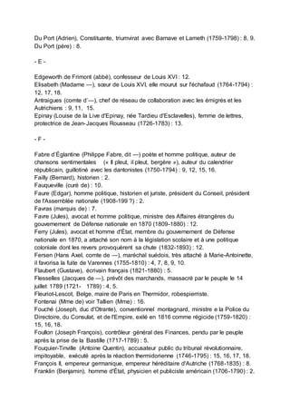 Du Port (Adrien), Constituante, triumvirat avec Barnave et Lameth (1759-1798) : 8, 9.
Du Port (père) : 8.
- E -
Edgeworth de Frimont (abbé), confesseur de Louis XVI : 12.
Elisabeth (Madame —), sœur de Louis XVI, elle mourut sur l'échafaud (1764-1794) :
12, 17, 18.
Antraigues (comte d’—), chef de réseau de collaboration avec les émigrés et les
Autrichiens : 9, 11, 15.
Epinay (Louise de la Live d'Epinay, née Tardieu d'Esclavelles), femme de lettres,
protectrice de Jean-Jacques Rousseau (1726-1783) : 13.
- F -
Fabre d’Églantine (Philippe Fabre, dit —) poète et homme politique, auteur de
chansons sentimentales (« Il pleut, il pleut, bergère »), auteur du calendrier
républicain, guillotiné avec les dantonistes (1750-1794) : 9, 12, 15, 16.
Failly (Bernard), historien : 2.
Fauqueville (curé de) : 10.
Faure (Edgar), homme politique, historien et juriste, président du Conseil, président
de l'Assemblée nationale (1908-199 ?) : 2.
Favras (marquis de) : 7.
Favre (Jules), avocat et homme politique, ministre des Affaires étrangères du
gouvernement de Défense nationale en 1870 (1809-1880) : 12.
Ferry (Jules), avocat et homme d'État, membre du gouvernement de Défense
nationale en 1870, a attaché son nom à la législation scolaire et à une politique
coloniale dont les revers provoquèrent sa chute (1832-1893) : 12.
Fersen (Hans Axel, comte de —), maréchal suédois, très attaché à Marie-Antoinette,
il favorisa la fuite de Varennes (1755-1810) : 4, 7, 8, 9, 10.
Flaubert (Gustave), écrivain français (1821-1880) : 5.
Flesselles (Jacques de —), prévôt des marchands, massacré par le peuple le 14
juillet 1789 (1721- 1789) : 4, 5.
Fleuriot-Lescot, Belge, maire de Paris en Thermidor, robespierriste.
Fontenai (Mme de) voir Tallien (Mme) : 16.
Fouché (Joseph, duc d'Otrante), conventionnel montagnard, ministre e la Police du
Directoire, du Consulat, et de l'Empire, exilé en 1816 comme régicide (1759-1820) :
15, 16, 18.
Foullon (Joseph François), contrôleur général des Finances, pendu par le peuple
après la prise de la Bastille (1717-1789) : 5.
Fouquier-Tinville (Antoine Quentin), accusateur public du tribunal révolutionnaire,
impitoyable, exécuté après la réaction thermidorienne (1746-1795) : 15, 16, 17, 18.
François II, empereur germanique, empereur héréditaire d'Autriche (1768-1835) : 8.
Franklin (Benjamin), homme d'État, physicien et publiciste américain (1706-1790) : 2.
 