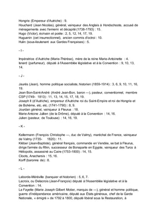 Hongrie (Empereur d'Autriche) : 9.
Houchard (Jean Nicolas), général, vainqueur des Anglais à Hondschoote, accusé de
ménagements avec l'ennemi et décapité (1738-1793) : 15.
Hugo (Victor), écrivain et poète : 2, 5, 12, 14, 17, 19.
Huguenin (cet insurrectionnel), ancien commis d'octroi : 10.
Hulin (sous-lieutenant aux Gardes Françaises) : 5.
- I -
Impératrice d’Autriche (Marie-Thérèse), mère de la reine Marie-Antoinette : 4.
Isnard (parfumeur), député à l'Assemblée législative et à la Convention : 9, 10, 13,
14.
- J -
Jaurès (Jean), homme politique socialiste, historien (1859-1914) : 3, 6, 9, 10, 11, 16,
19.
Jean Bon-Saint-André (André Jean-Bon, baron —), pasteur, conventionnel, membre
CSP (1749- 1813) : 11, 13, 14, 15, 17, 18, 19.
Joseph II (d’Autriche), empereur d'Autriche roi du Saint-Empire et roi de Hongrie et
de Bohème, etc. etc. (1741-1790) : 8, 9.
Jourdan général, vainqueur à Fleurus : 18.
Marie-Antoine Jullien (de la Drôme), député à la Convention : 14, 16.
Julien (pasteur, de Toulouse) : 14, 16, 19.
- K -
Kellermann (François Christophe —, duc de Valmy), maréchal de France, vainqueur
de Valmy (1735- 1820) : 11.
Kléber (Jean-Baptiste), général français, commande en Vendée, se bat à Fleurus,
dirige l'armée du Rhin, successeur de Bonaparte en Egypte, vainqueur des Turcs à
Héliopolis, assassiné au Caire (1753-1800) : 14, 15.
Cloots, Anacharsis : 15, 16.
Korff (baronne de) : 8.
- L -
Laborde-Méréville (banquier et historien) : 5, 6, 7.
Lacroix, ou Delacrois (Jean-François) député à l'Assemblée législative et à la
Convention : 14.
La Fayette (Marie Joseph Gilbert Motier, marquis de —), général et homme politique,
guerre d'indépendance américaine, député aux États généraux, chef de la Garde
Nationale, « émigré » de 1792 à 1800, député libéral sous la Restauration, à
 