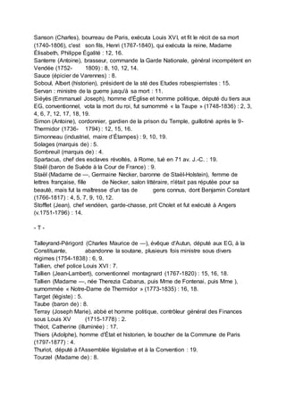 Sanson (Charles), bourreau de Paris, exécuta Louis XVI, et fit le récit de sa mort
(1740-1806), c'est son fils, Henri (1767-1840), qui exécuta la reine, Madame
Élisabeth, Philippe Égalité : 12, 16.
Santerre (Antoine), brasseur, commande la Garde Nationale, général incompétent en
Vendée (1752- 1809) : 8, 10, 12, 14.
Sauce (épicier de Varennes) : 8.
Soboul, Albert (historien), président de la sté des Etudes robespierristes : 15.
Servan : ministre de la guerre jusqu'à sa mort : 11.
Siéyès (Emmanuel Joseph), homme d'Église et homme politique, député du tiers aux
EG, conventionnel, vota la mort du roi, fut surnommé « la Taupe » (1748-1836) : 2, 3,
4, 6, 7, 12, 17, 18, 19.
Simon (Antoine), cordonnier, gardien de la prison du Temple, guillotiné après le 9-
Thermidor (1736- 1794) : 12, 15, 16.
Simonneau (industriel, maire d’Étampes) : 9, 10, 19.
Solages (marquis de) : 5.
Sombreuil (marquis de) : 4.
Spartacus, chef des esclaves révoltés, à Rome, tué en 71 av. J.-C. : 19.
Staël (baron de Suède à la Cour de France) : 9.
Staël (Madame de —, Germaine Necker, baronne de Staël-Holstein), femme de
lettres française, fille de Necker, salon littéraire, n'était pas réputée pour sa
beauté, mais fut la maîtresse d'un tas de gens connus, dont Benjamin Constant
(1766-1817) : 4, 5, 7, 9, 10, 12.
Stofflet (Jean), chef vendéen, garde-chasse, prit Cholet et fut exécuté à Angers
(v.1751-1796) : 14.
- T -
Talleyrand-Périgord (Charles Maurice de —), évêque d'Autun, député aux EG, à la
Constituante, abandonne la soutane, plusieurs fois ministre sous divers
régimes (1754-1838) : 6, 9.
Tallien, chef police Louis XVI : 7.
Tallien (Jean-Lambert), conventionnel montagnard (1767-1820) : 15, 16, 18.
Tallien (Madame —, née Therezia Cabarus, puis Mme de Fontenai, puis Mme ),
surnommée « Notre-Dame de Thermidor » (1773-1835) : 16, 18.
Target (légiste) : 5.
Taube (baron de) : 8.
Terray (Joseph Marie), abbé et homme politique, contrôleur général des Finances
sous Louis XV (1715-1778) : 2.
Théot, Catherine (illuminée) : 17.
Thiers (Adolphe), homme d'État et historien, le boucher de la Commune de Paris
(1797-1877) : 4.
Thuriot, député à l'Assemblée législative et à la Convention : 19.
Tourzel (Madame de) : 8.
 