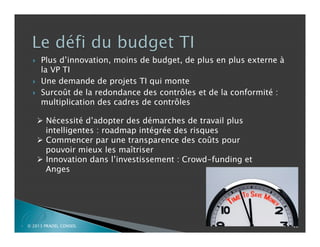 





Plus d’innovation, moins de budget, de plus en plus externe à
la VP TI
Une demande de projets TI qui monte
Surcoût de la redondance des contrôles et de la conformité :
multiplication des cadres de contrôles
 Nécessité d’adopter des démarches de travail plus
intelligentes : roadmap intégrée des risques
 Commencer par une transparence des coûts pour
pouvoir mieux les maîtriser
 Innovation dans l’investissement : Crowd-funding et
Anges

P

© 2013 PRADEL CONSEIL

22

 