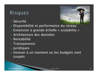 









P

Sécurité
Disponibilité et performance du réseau
Extension à grande échelle « scalability »
Architecture des données
Rentabilité
Transparence
Juridiques
Innover à un moment ou les budgets sont
coupés

© 2013 PRADEL CONSEIL

2013-10-23

26

 