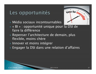 







P

Média sociaux incontournables
« BI » : opportunité unique pour la DSI de
faire la différence
Repenser l’architecture de demain, plus
flexible, moins chère
Innover et moins intégrer
Engager la DSI dans une relation d’affaires

© 2013 PRADEL CONSEIL

2013-10-23

27

 