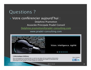 

Votre conférencier aujourd’hui :
Delphine Pramotton
Associée Principale Pradel Conseil
Delphine.pramotton@pradel-consulting.com
www.pradel-consulting.com

P

© 2013 PRADEL CONSEIL

2013-10-23

28

 