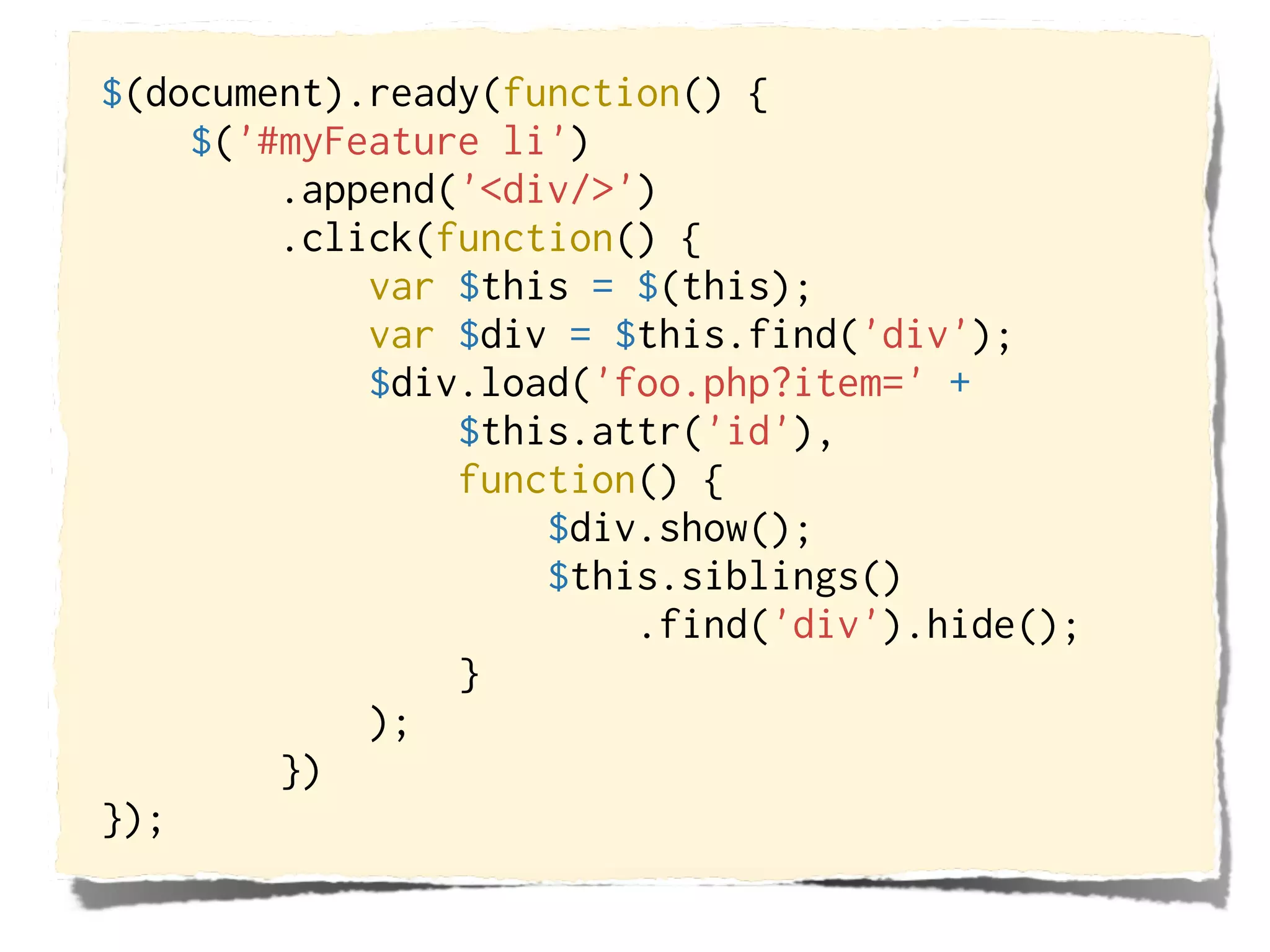$(document).ready(function() {
    $('#myFeature li')
        .append('<div/>')
        .click(function() {
            var $this = $(this);
            var $div = $this.find('div');
            $div.load('foo.php?item=' +
                $this.attr('id'),
                function() {
                    $div.show();
                    $this.siblings()
                        .find('div').hide();
                }
            );
        })
});
 