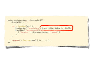 myApp.services._base = Class.extend({
    description : '',

      init : function(opts) {
          $.subscribe('/search/term', $.proxy(this._doSearch, this));
          $.publish('/message/notification',
             [ 'Service ' + this.description + ' added' ]
          );
      },

      _doSearch : function(term) { /* ... */ },
});
 