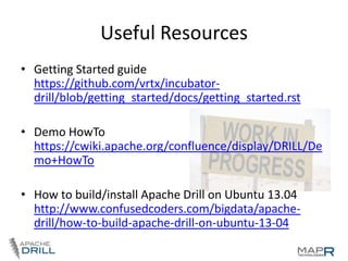 Useful Resources
• Getting Started guide
https://github.com/vrtx/incubatordrill/blob/getting_started/docs/getting_started....