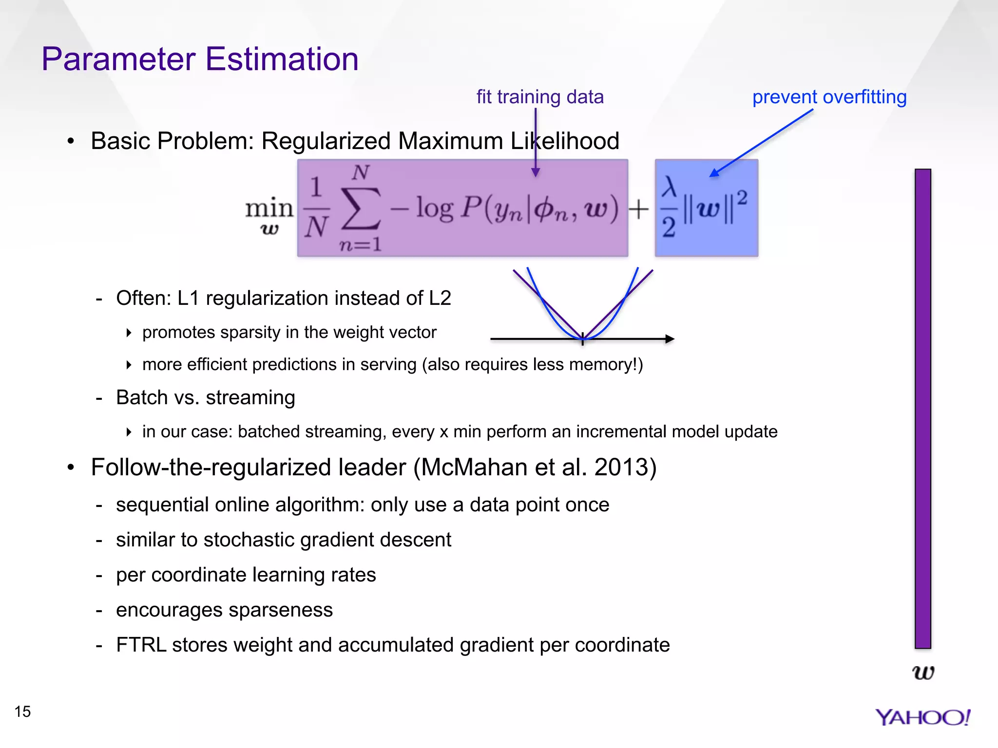 Parameter Estimation
15
• Basic Problem: Regularized Maximum Likelihood
- Often: L1 regularization instead of L2
‣ promotes sparsity in the weight vector
‣ more efficient predictions in serving (also requires less memory!)
- Batch vs. streaming
‣ in our case: batched streaming, every x min perform an incremental model update
• Follow-the-regularized leader (McMahan et al. 2013)
- sequential online algorithm: only use a data point once
- similar to stochastic gradient descent
- per coordinate learning rates
- encourages sparseness
- FTRL stores weight and accumulated gradient per coordinate
fit training data prevent overfitting
 