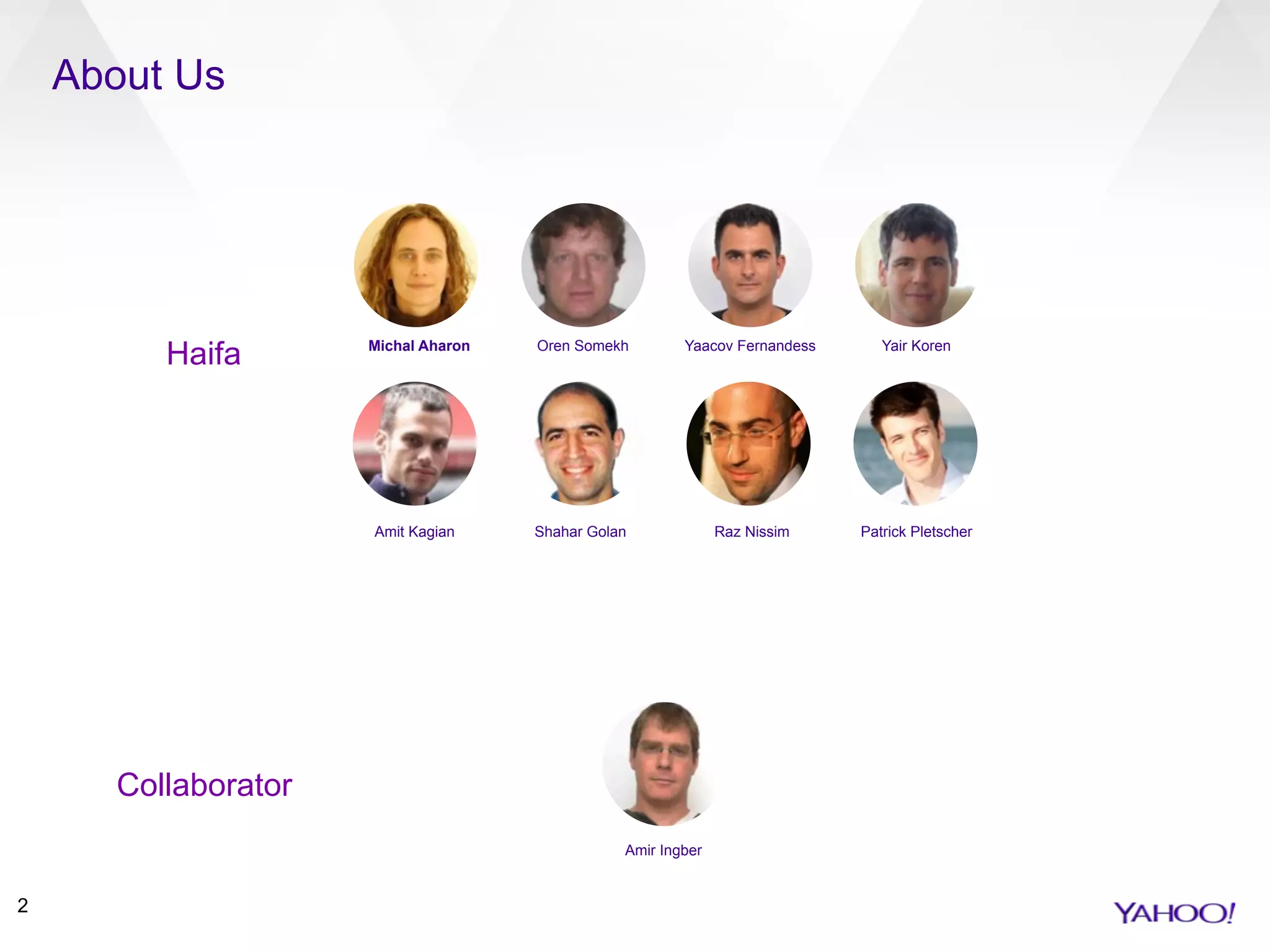 About Us
2
Michal Aharon Oren Somekh Yaacov Fernandess Yair Koren
Amit Kagian Shahar Golan Raz Nissim Patrick Pletscher
Amir Ingber
Haifa
Collaborator
 