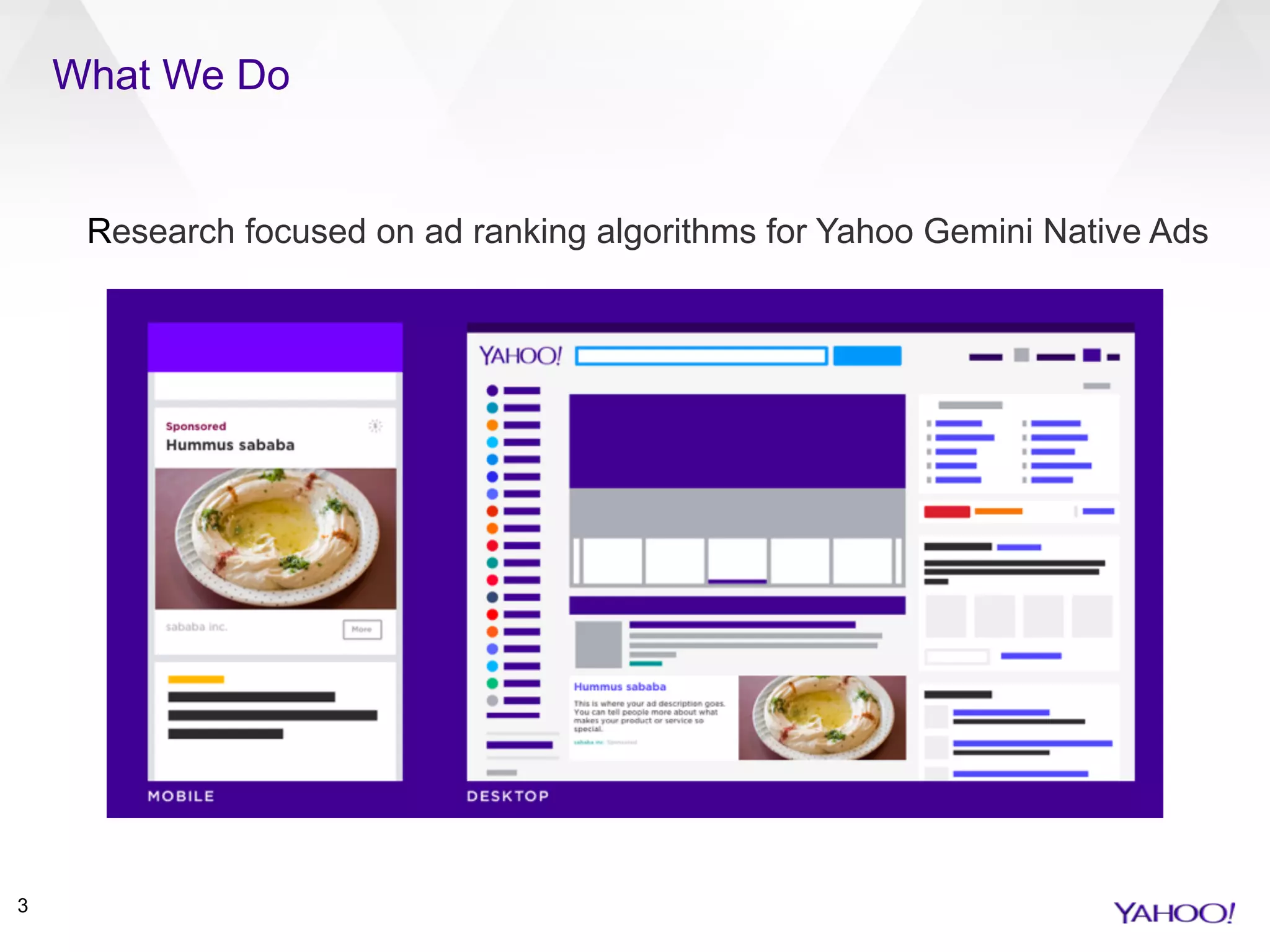What We Do
3
Research focused on ad ranking algorithms for Yahoo Gemini Native Ads
 