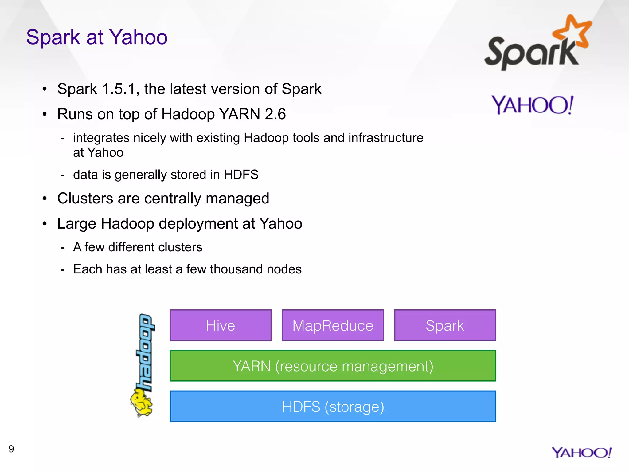 Spark at Yahoo
9
• Spark 1.5.1, the latest version of Spark
• Runs on top of Hadoop YARN 2.6
- integrates nicely with existing Hadoop tools and infrastructure 
at Yahoo
- data is generally stored in HDFS
• Clusters are centrally managed
• Large Hadoop deployment at Yahoo
- A few different clusters
- Each has at least a few thousand nodes
HDFS (storage)
YARN (resource management)
SparkMapReduceHive
 
