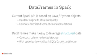 DataFrames in Spark
Current Spark API is based on Java / Python objects
–  Hard for engine to store compactly
–  Cannot understand semantics of user functions
DataFrames make it easy to leverage structured data
–  Compact, column-oriented storage
–  Rich optimization via Spark SQL’s Catalyst optimizer
26
 