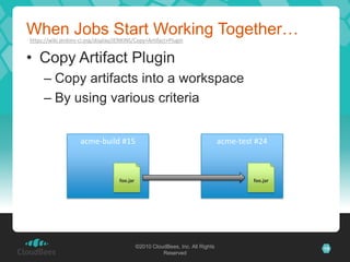 When Jobs Start Working Together…
https://wiki.jenkins-ci.org/display/JENKINS/Copy+Artifact+Plugin


• Copy Artifact Plugin
     – Copy artifacts into a workspace
     – By using various criteria


                     acme-build #15                                               acme-test #24



                                     foo.jar                                               foo.jar




                                               ©2010 CloudBees, Inc. All Rights                      15
                                                         Reserved
 