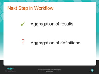 Next Step in Workflow


     ✓    Aggregation of results



      ?   Aggregation of definitions




              ©2010 CloudBees, Inc. All Rights   29
                        Reserved
 