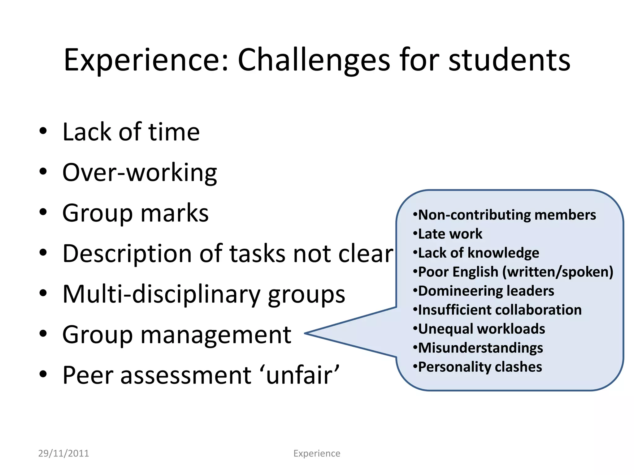 Experience: Challenges for students
•   Lack of time
•   Over-working
•   Group marks                      •Non-contributing members
                                     •Late work
•   Description of tasks not clear   •Lack of knowledge
                                     •Poor English (written/spoken)
•   Multi-disciplinary groups        •Domineering leaders
                                     •Insufficient collaboration
•   Group management                 •Unequal workloads
                                     •Misunderstandings
                                     •Personality clashes
•   Peer assessment ‘unfair’

29/11/2011              Experience
 
