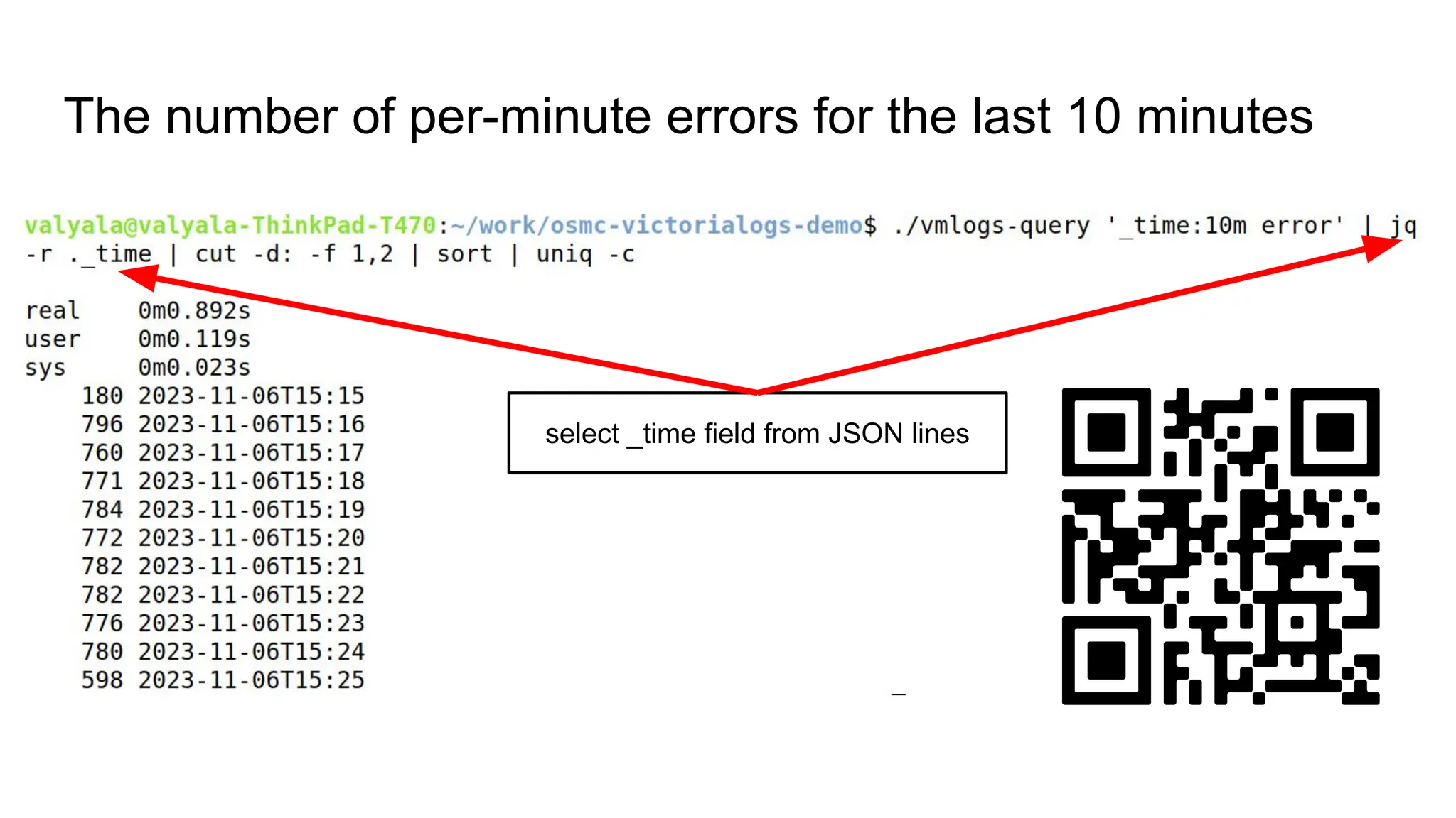 The number of per-minute errors for the last 10 minutes
select _time field from JSON lines
 