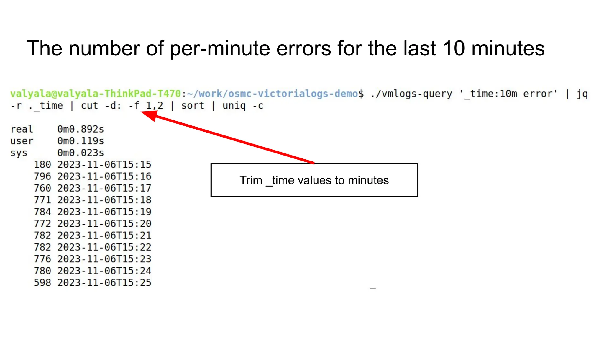 The number of per-minute errors for the last 10 minutes
Trim _time values to minutes
 