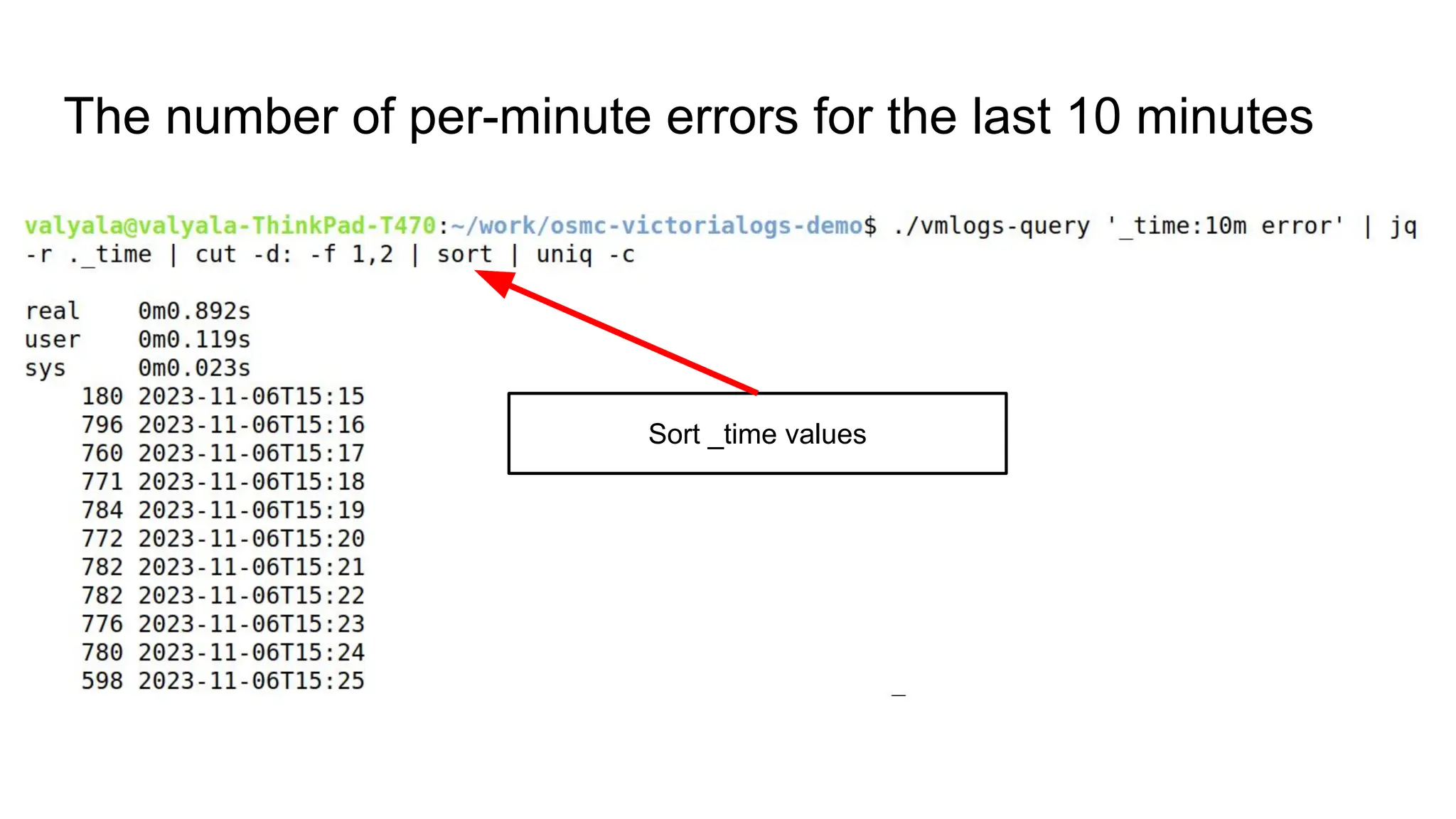 The number of per-minute errors for the last 10 minutes
Sort _time values
 