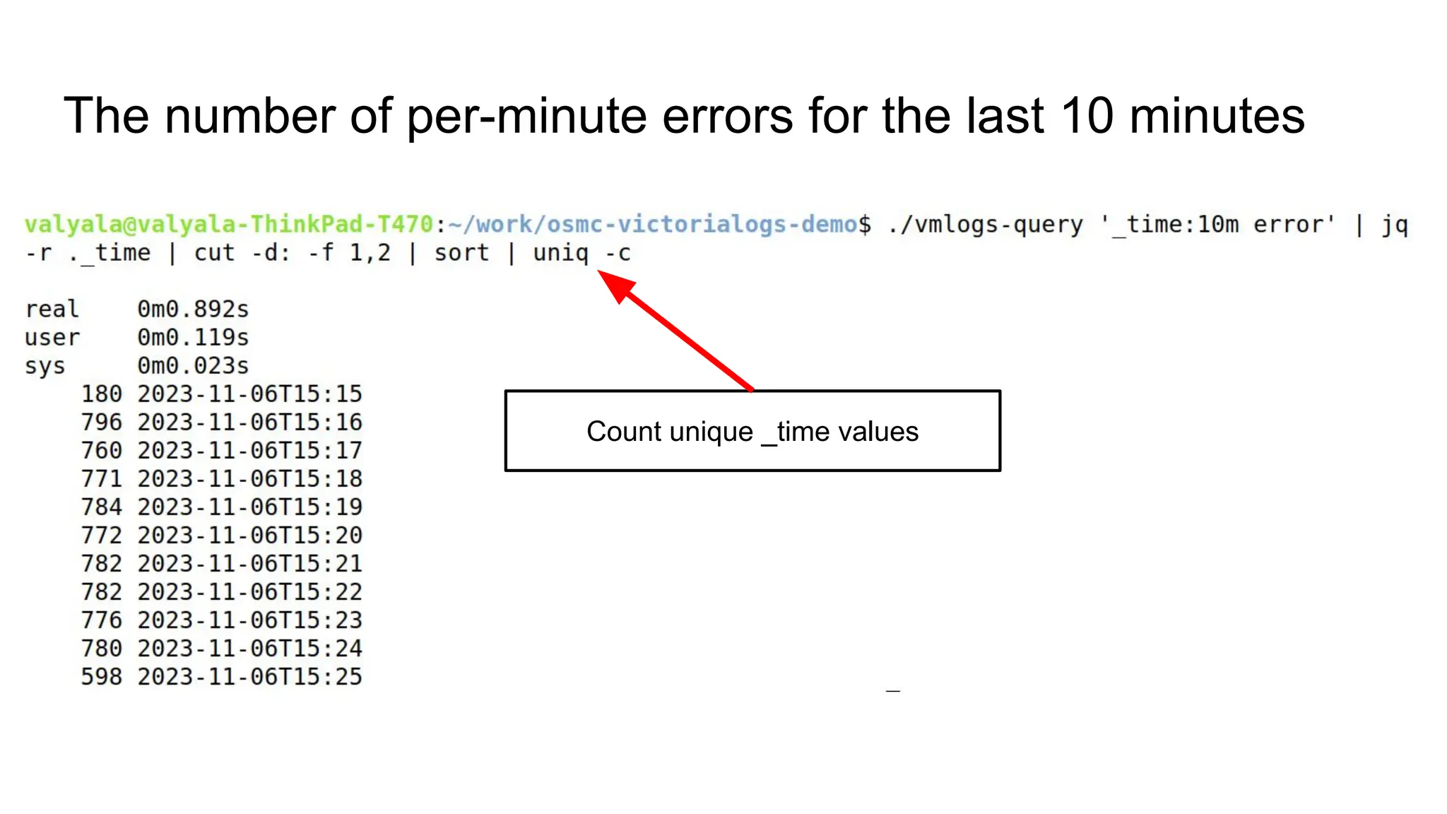 The number of per-minute errors for the last 10 minutes
Count unique _time values
 