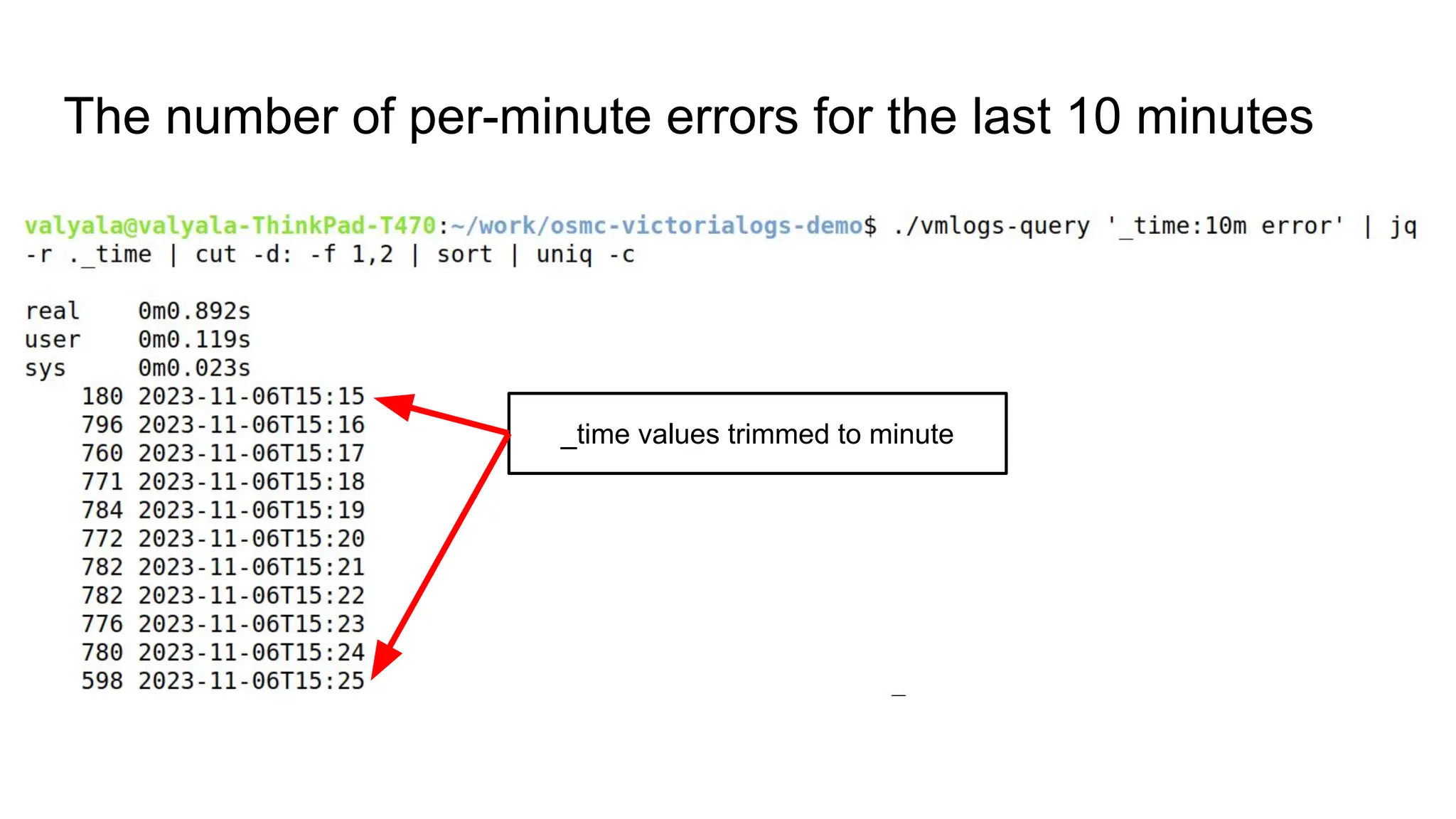 The number of per-minute errors for the last 10 minutes
_time values trimmed to minute
 