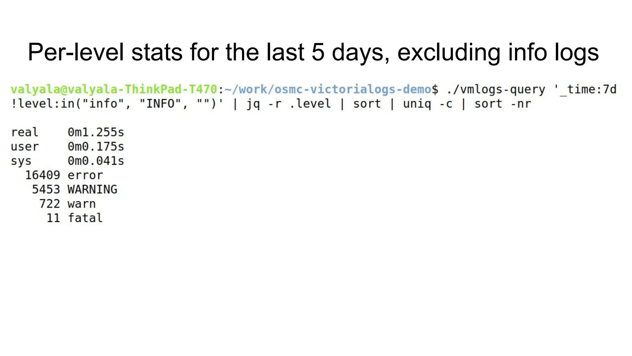 Per-level stats for the last 5 days, excluding info logs
 