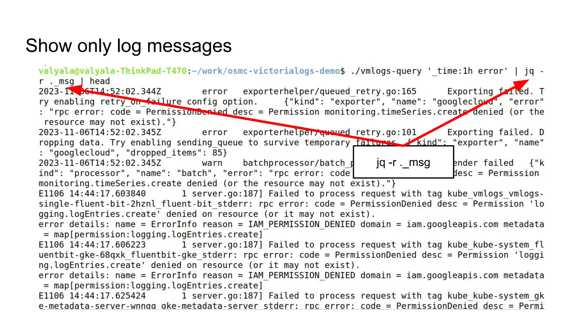 Show only log messages
jq -r ._msg
 