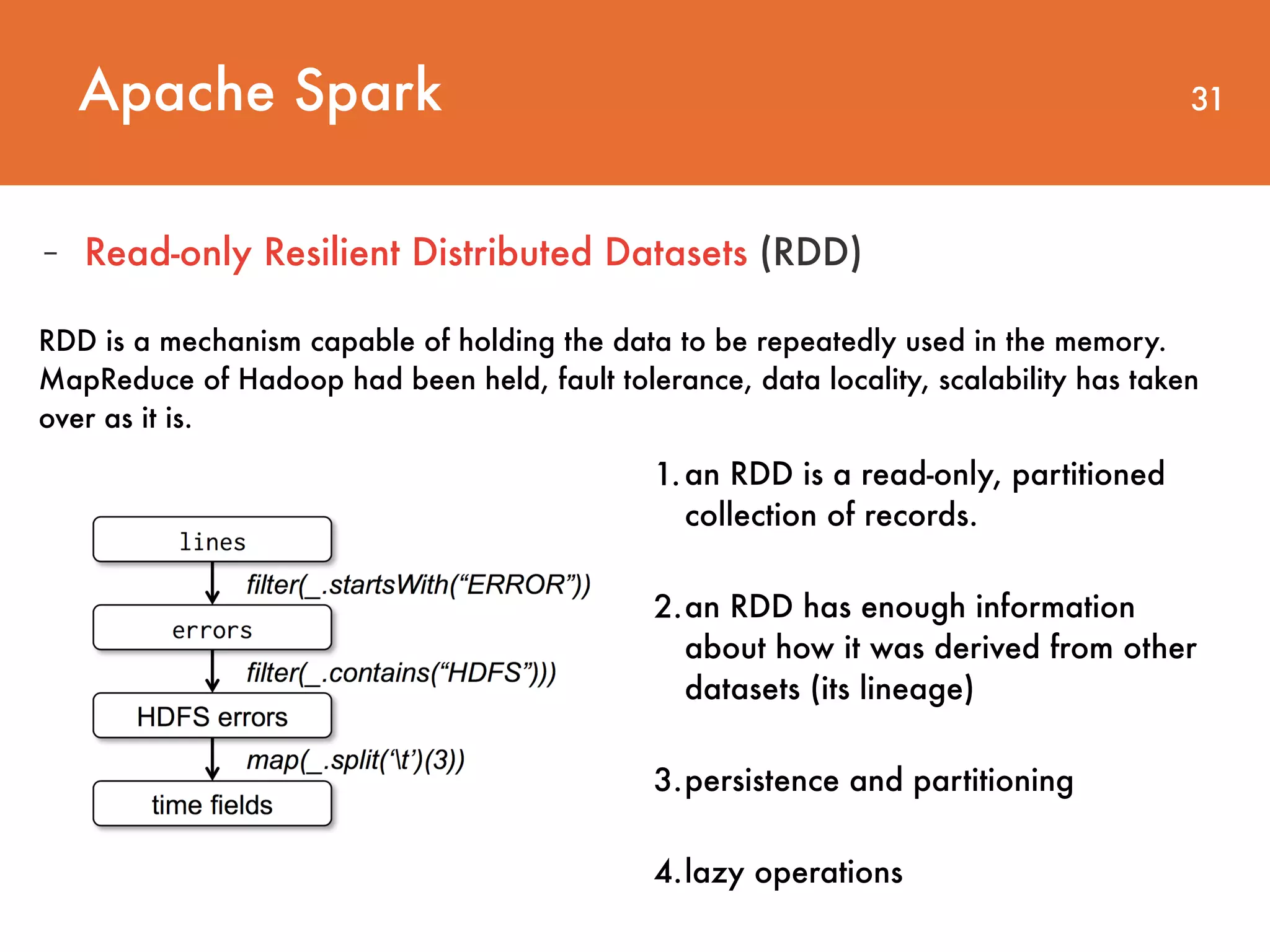 Apache Spark 31 - Read-only Resilient Distributed Datasets (RDD) RDD is a mechanism capable of holding the data to be repeatedly used in the memory.  MapReduce of Hadoop had been held, fault tolerance, data locality, scalability has taken over as it is. 1.an RDD is a read-only, partitioned collection of records. 2.an RDD has enough information about how it was derived from other datasets (its lineage) 3.persistence and partitioning 4.lazy operations 