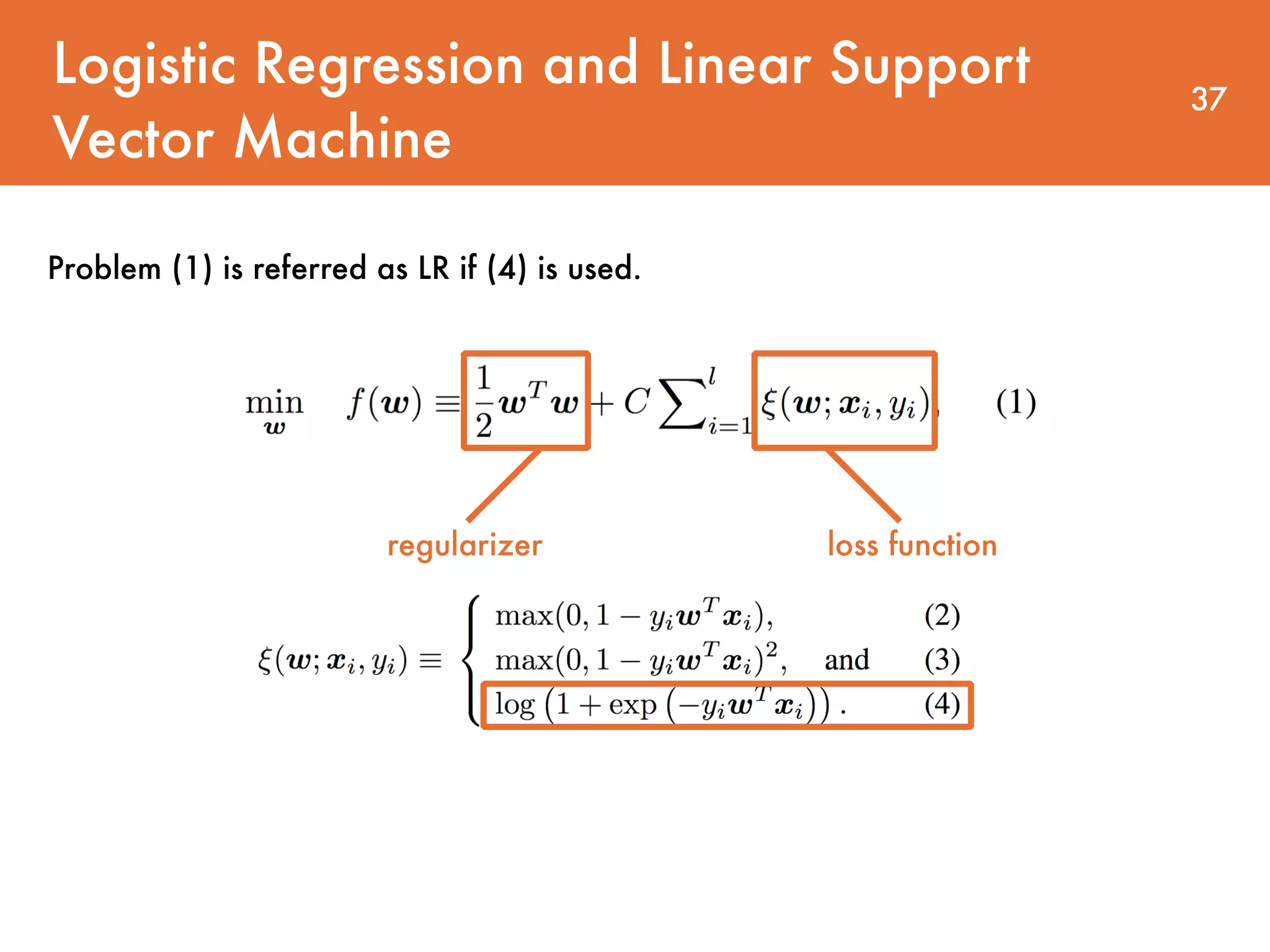 Logistic Regression and Linear Support Vector Machine 37 regularizer loss function Problem (1) is referred as LR if (4) is used. 