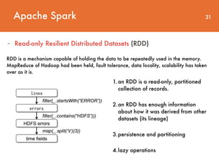 Apache Spark 31
- Read-only Resilient Distributed Datasets (RDD)
RDD is a mechanism capable of holding the data to be repeatedly used in the memory. 
MapReduce of Hadoop had been held, fault tolerance, data locality, scalability has taken
over as it is.
1.an RDD is a read-only, partitioned
collection of records.
2.an RDD has enough information
about how it was derived from other
datasets (its lineage)
3.persistence and partitioning
4.lazy operations
 