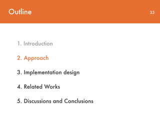 Outline 33
1. Introduction
2. Approach
3. Implementation design
4. Related Works
5. Discussions and Conclusions
 