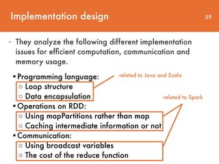 Implementation design 59
- They analyze the following different implementation
issues for efﬁcient computation, communication and
memory usage.
•Programming language:  
◦ Loop structure 
◦ Data encapsulation  
•Operations on RDD: 
◦ Using mapPartitions rather than map
◦ Caching intermediate information or not  
•Communication: 
◦ Using broadcast variables 
◦ The cost of the reduce function
related to Java and Scala
related to Spark
 