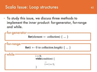 62
- To study this issue, we discuss three methods to
implement the inner product: for-generator, for-range
and while.
for-generator
for-range
while
Scala Issue: Loop structures
 