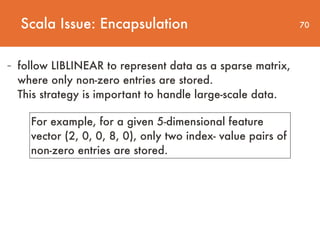 70
- follow LIBLINEAR to represent data as a sparse matrix,
where only non-zero entries are stored.  
This strategy is important to handle large-scale data.
Scala Issue: Encapsulation
For example, for a given 5-dimensional feature
vector (2, 0, 0, 8, 0), only two index- value pairs of
non-zero entries are stored.
 