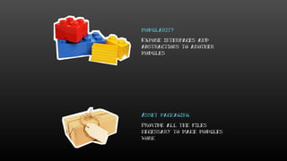 Asset packaging
Provide all the files
necessary to make modules
work
modularity
Expose interfaces and
abstractions to another
modules
 