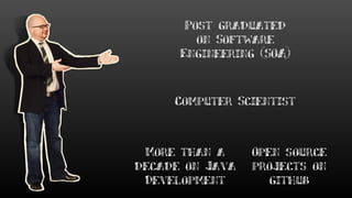 Open source
projects on
github
Computer Scientist
Post graduated
on Software
Engineering (SOA)
More than a
decade on Java
Development
 