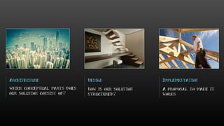 Architecture
which conceptual parts does
our solution consist of?
Design
How is our solution
structured?
Implementation
A proposal to make it
works
 