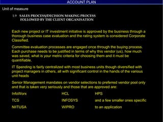 1.9  SALES PROCESS/DECISION MAKING PROCESS   FOLLOWED BY THE CLIENT ORGANISATION Each new project or IT investment initiative is approved by the business through a thorough business case evaluation and the rating system is considered Corporate Classified. Committee evaluation processes are engaged once through the buying process. Each purchase needs to be justified in terms of why this vendor (us), how much was saved, what is your metric criteria for choosing them and it must be quantifiable. IT Spending is fairly centralized with most business units though diversified with project managers in others, all with significant control in the hands of the various unit heads  Senior Management mandates on vendor selections to preferred vendor pool only and that is taken very seriously and those that are approved are: InfoWorx HCL HPS  TCS INFOSYS and a few smaller ones specific  NIITUSA WIPRO to an application UTC ACCOUNT PLAN ACCOUNT PLAN 