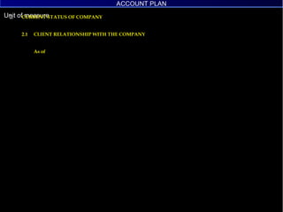 2.  CURRENT STATUS OF COMPANY  2.1  CLIENT RELATIONSHIP WITH THE COMPANY As of ACCOUNT PLAN ACCOUNT PLAN 