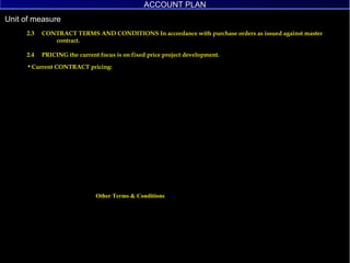 2.3  CONTRACT TERMS AND CONDITIONS In accordance with purchase orders as issued against master  contract. 2.4 PRICING   the current focus is on fixed price project development. Current CONTRACT pricing: Other Terms & Conditions UTC ACCOUNT PLAN ACCOUNT PLAN 