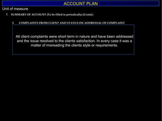 ACCOUNT PLAN 3.  COMPLAINTS FROM CLIENT AND STATUS ON ADDRESSAL OF COMPLAINT 7.  SUMMARY OF ACCOUNT (To be filled in periodically) (Contd.) All client complaints were short term in nature and have been addressed and the issue resolved to the clients satisfaction. In every case it was a matter of misreading the clients style or requirements. 